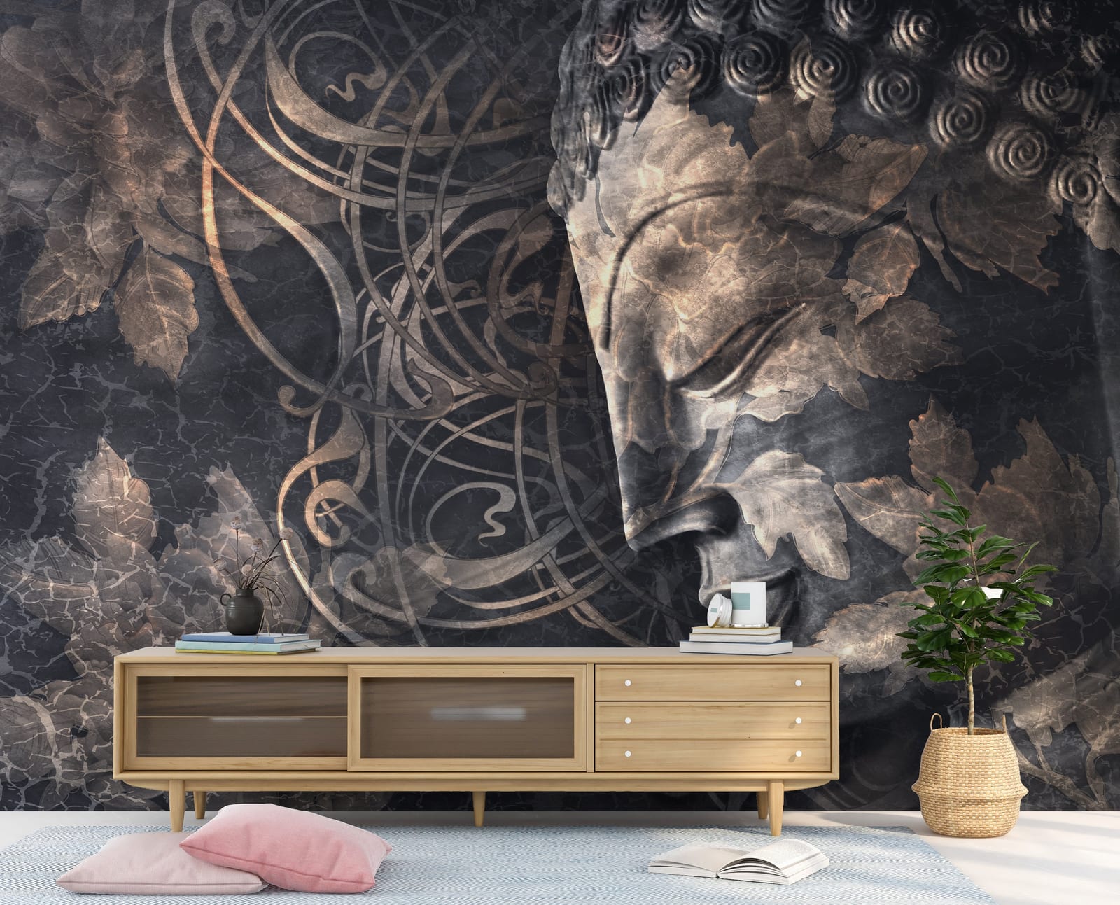 Luxury zen meditation wallpaper mural in black gold tones for elegant family room decor