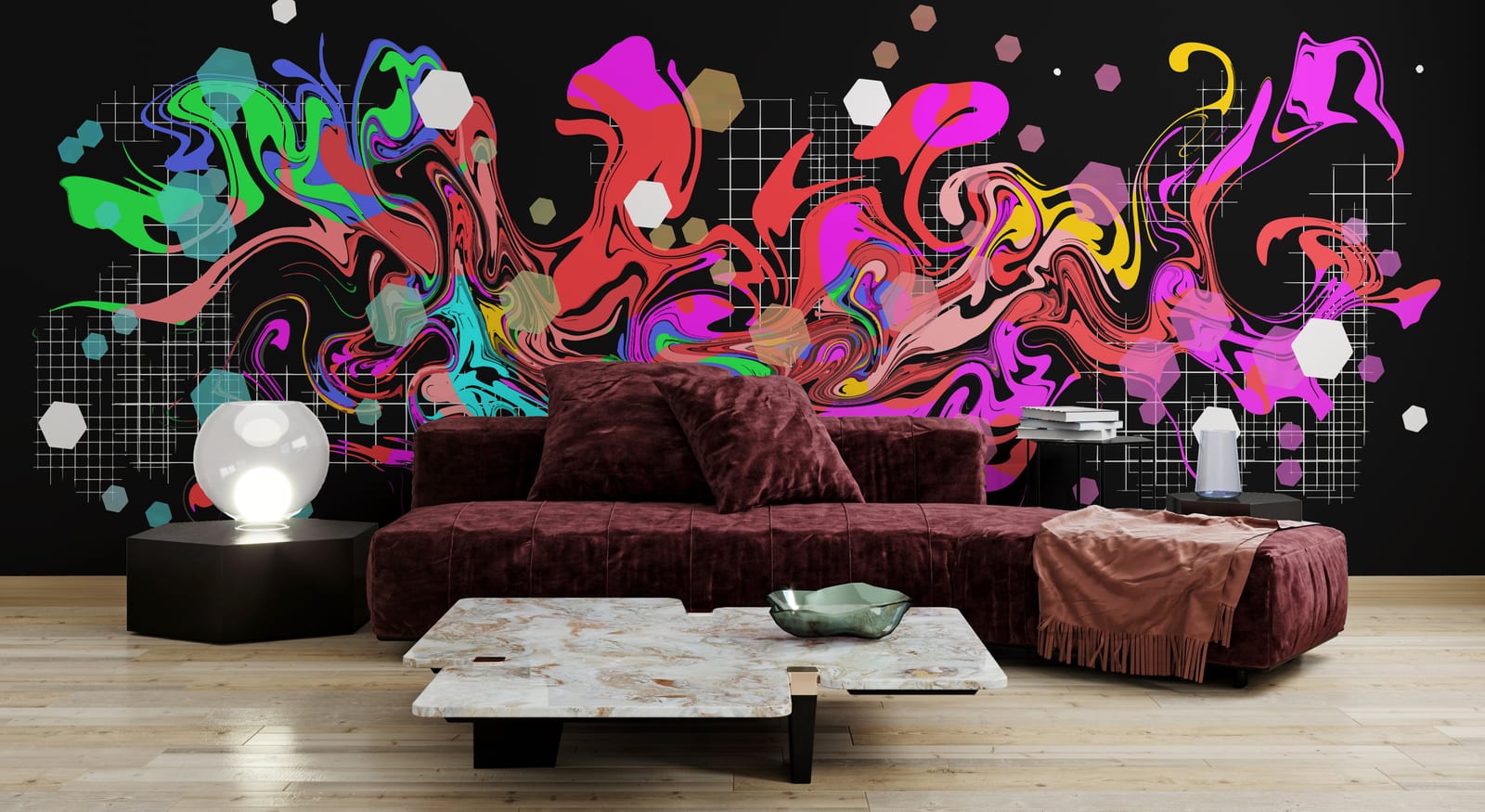 Colorful abstract graffiti mural with neon swirl design for modern living room decor