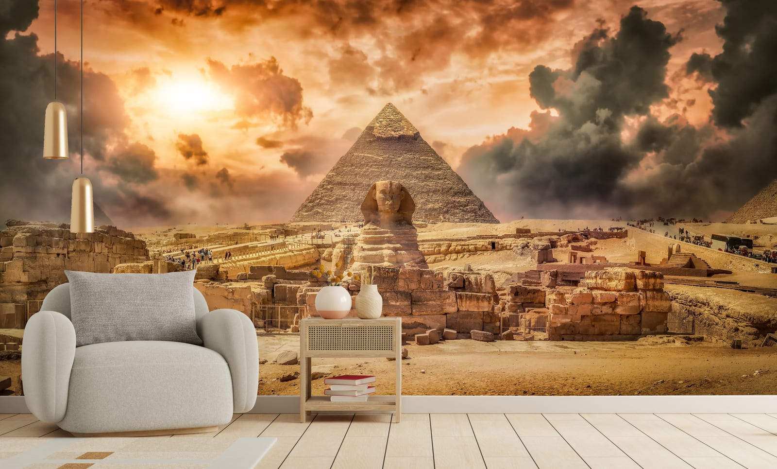 Egyptian desert landscape wallpaper with Sphinx statue pyramid view for home office interior