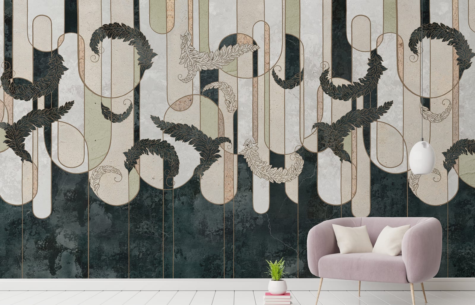 Abstract leaf wallpaper with structured line design, muted colors enhancing productive modern office environment