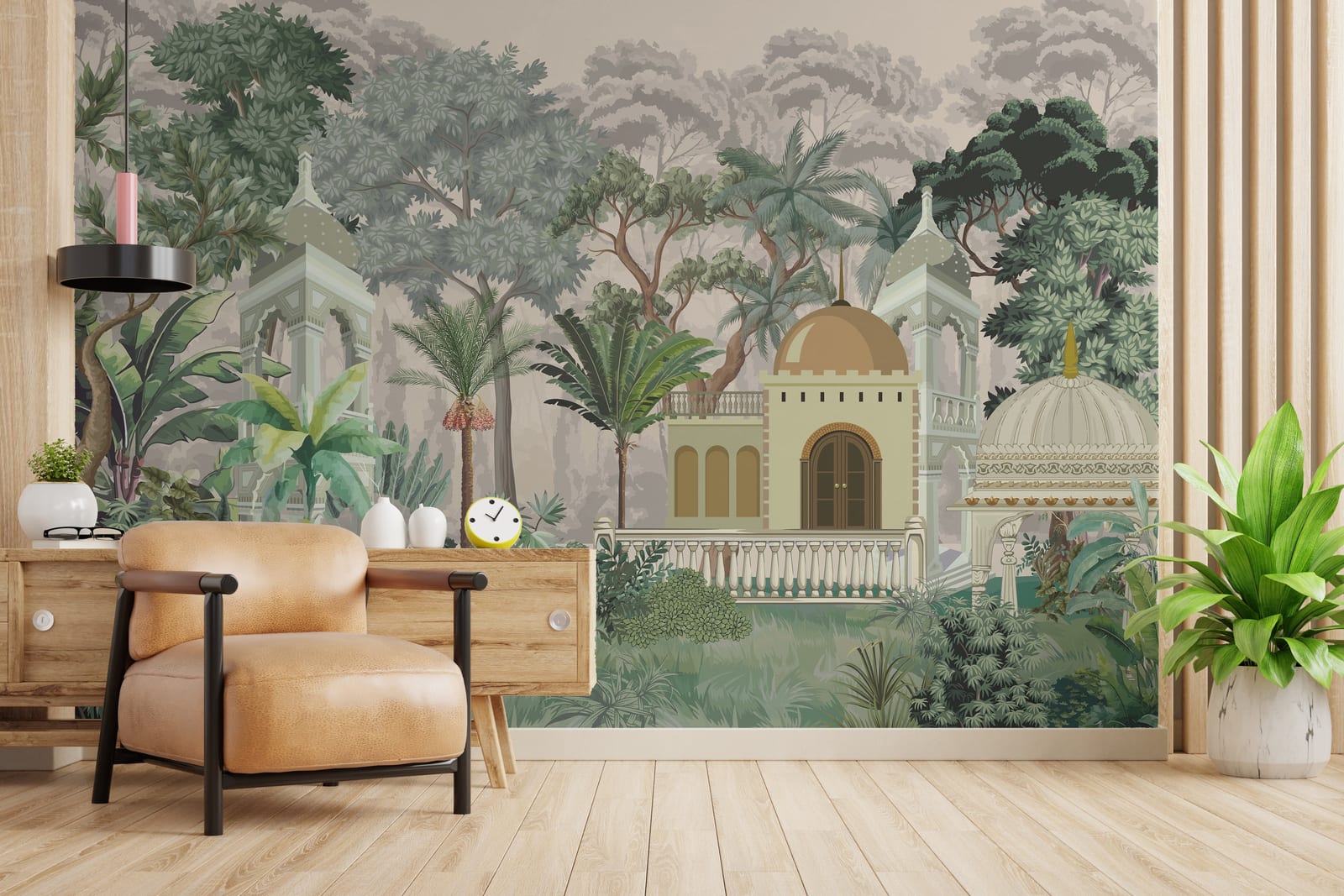 Tropical palace architecture mural for stylish living space feature wall