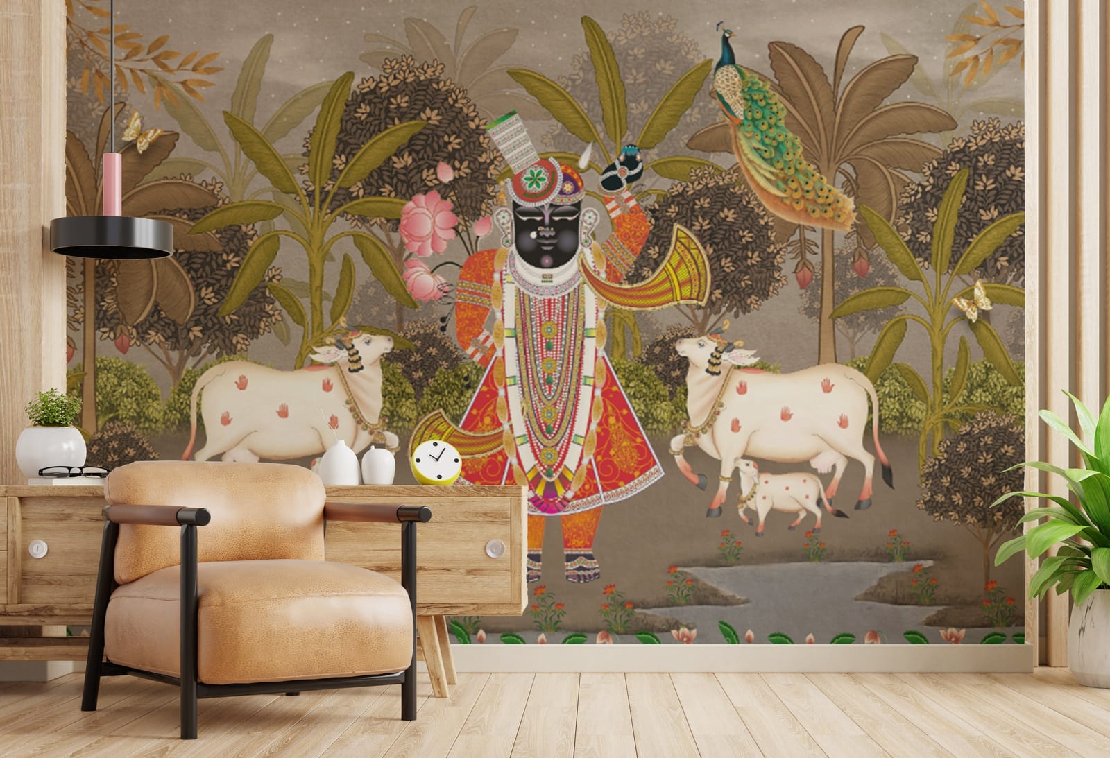 Indian Pichwai Wallpaper | Shreenath Ji Art Pooja Room Peel Stick Wallpaper
