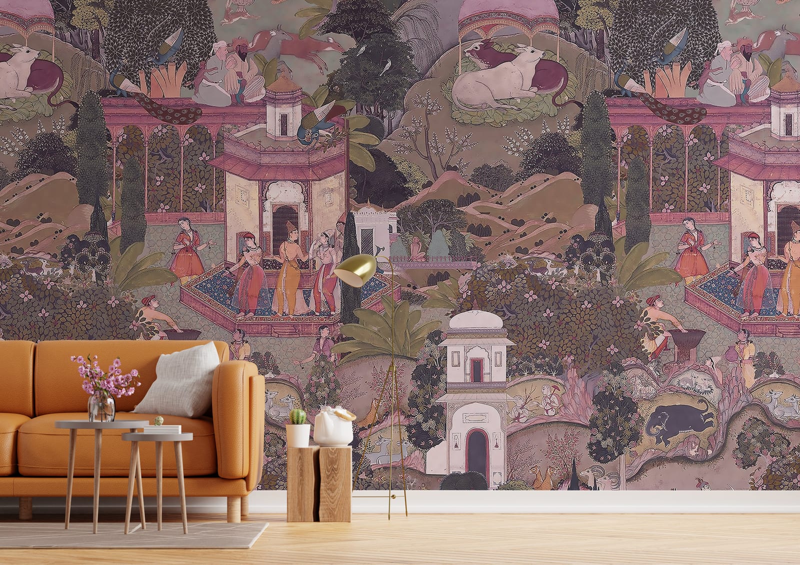 Premium hallway wallpaper showcasing traditional Indian palace garden art, muted tones creating warm welcoming decor