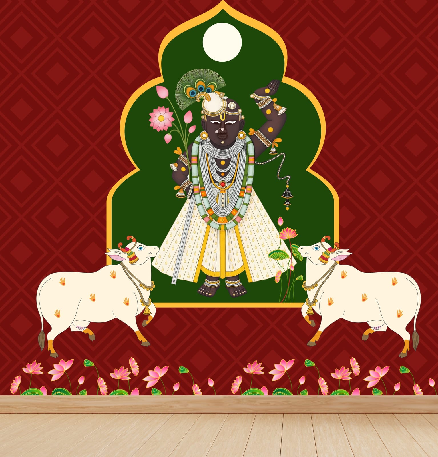 Krishna temple wall mural with cows, lotus flowers, red green tones, pooja room decor