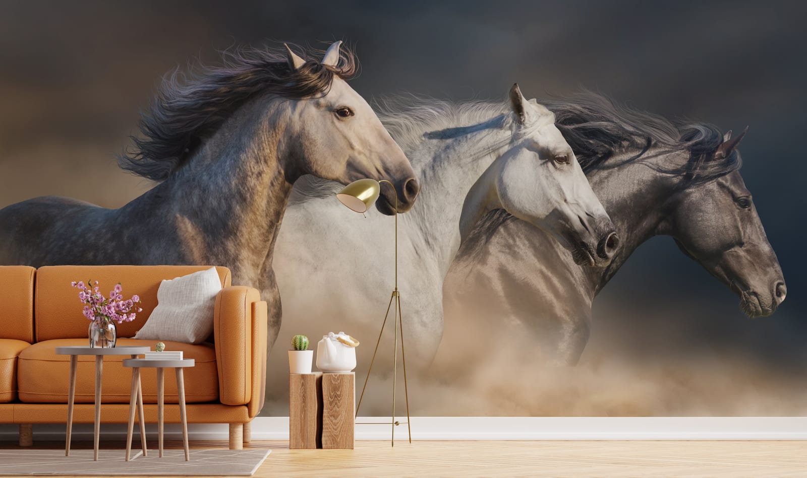 Wild stallion mural wallpaper for western themed living area interior