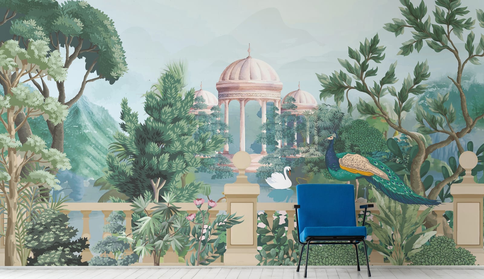 Luxury peacock garden wallpaper mural with pastel palace scenery for elegant living room decor