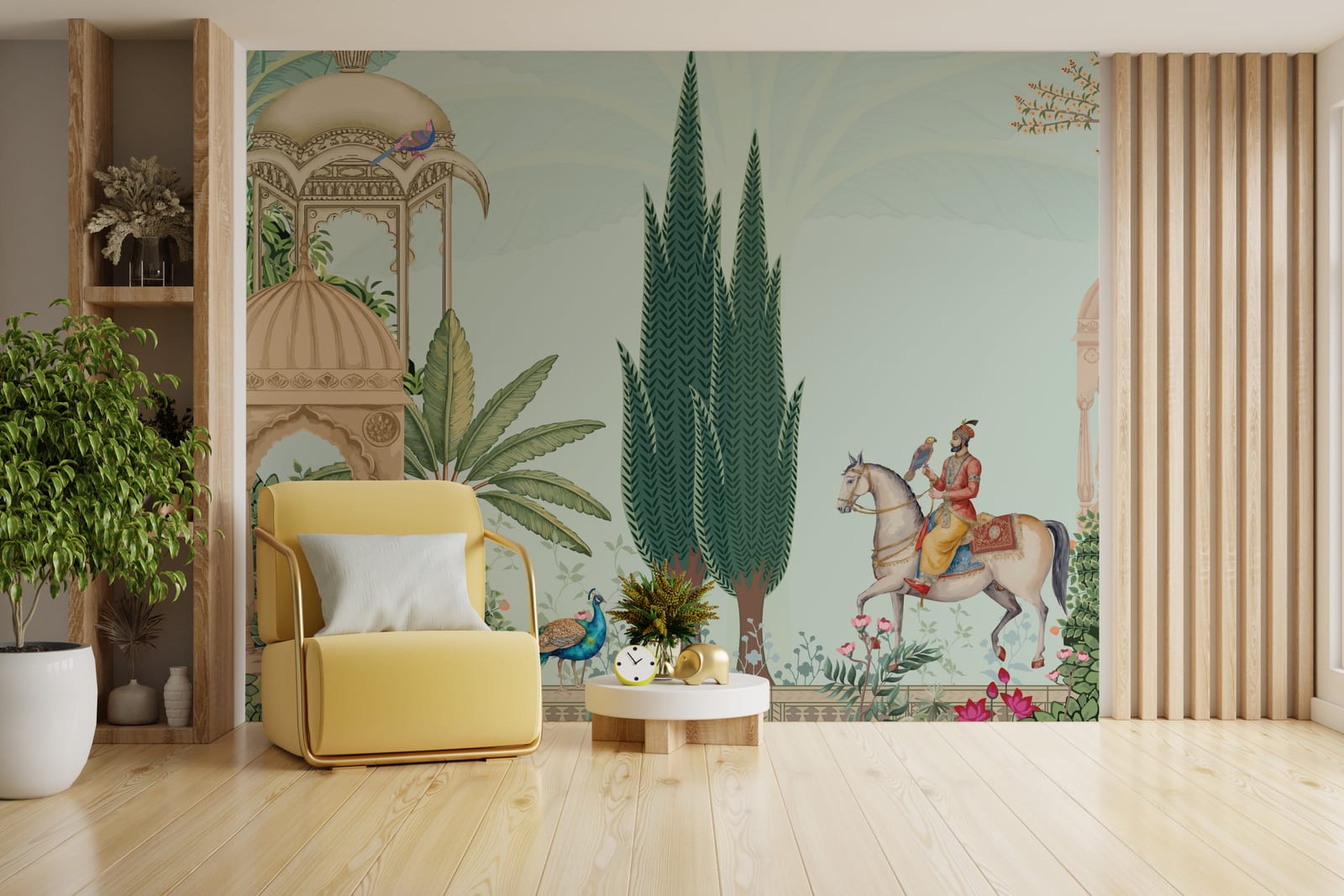 Elegant Indian palace with pastel garden, birds, and horse motifs, perfect for stylish living rooms.