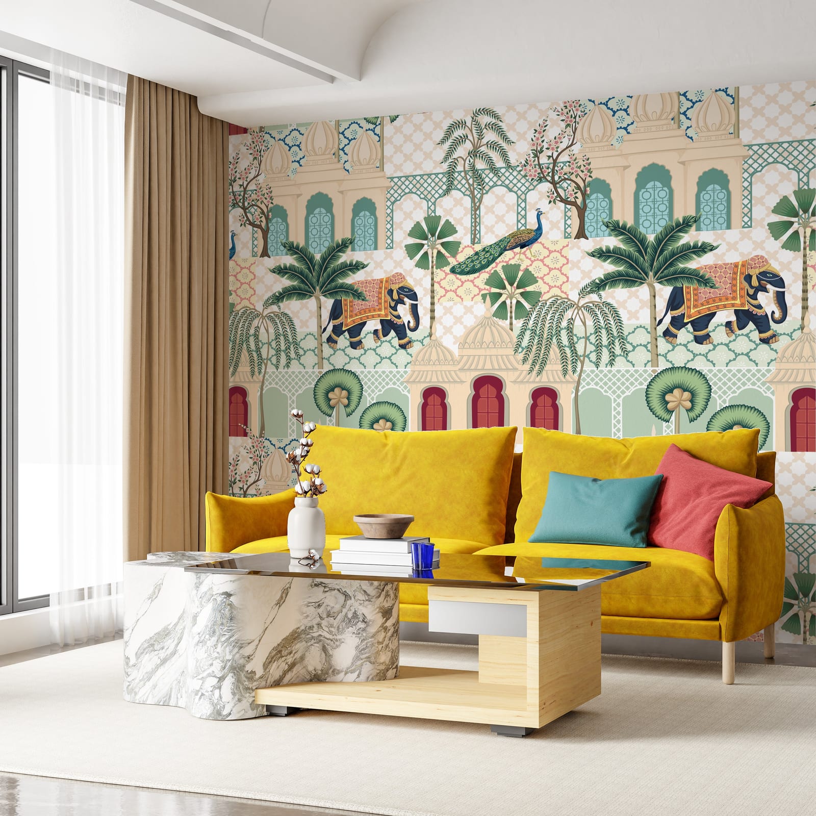 Royal Indian scenic mural with peacocks, palm trees, muted colors, stylish lounge interior