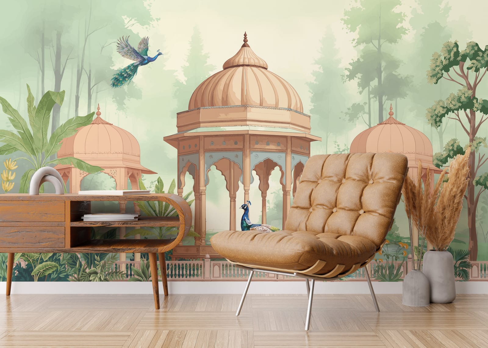 Artistic peacock wall mural with botanical elements, muted greens, stylish office wall decor