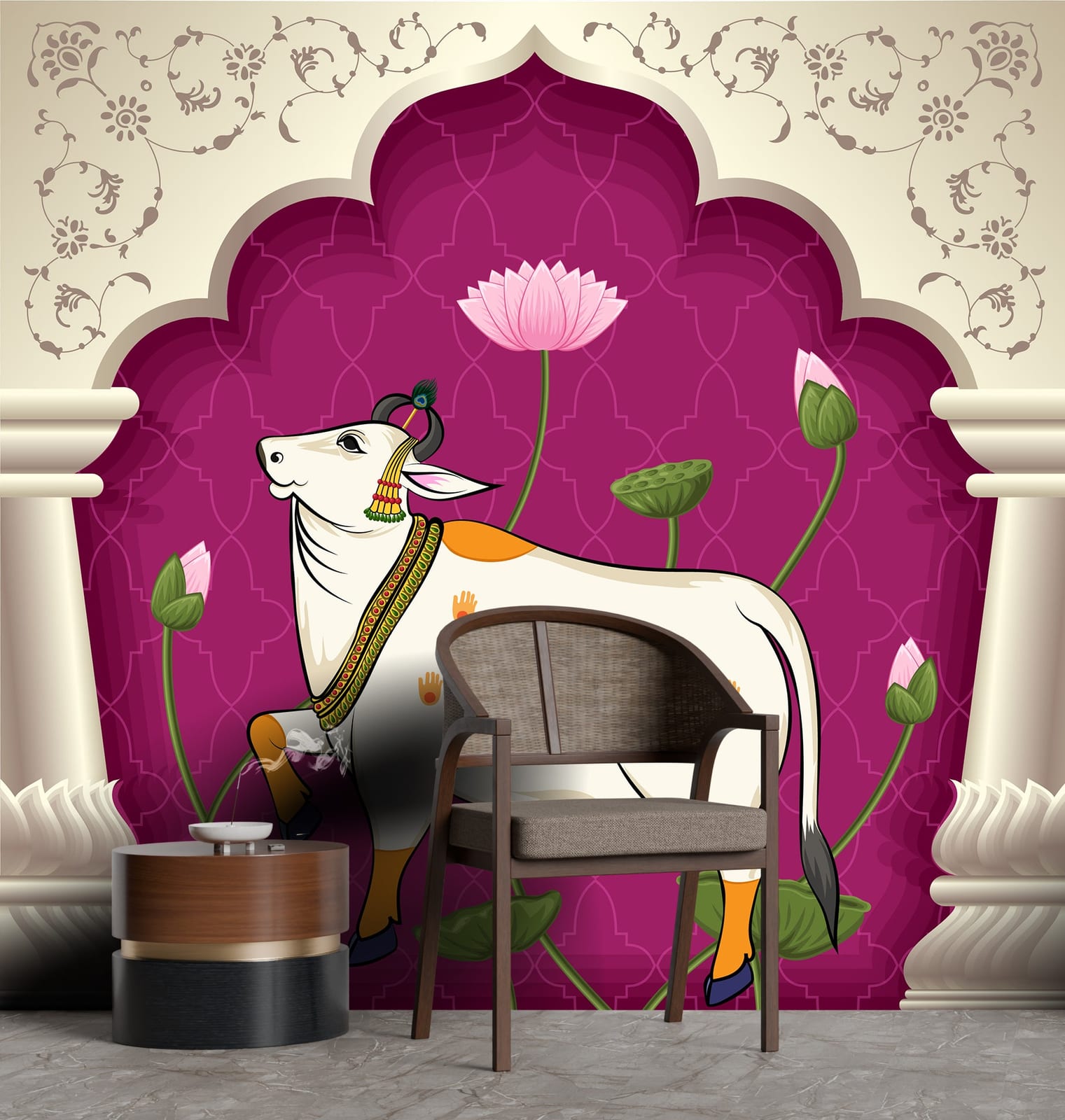 Traditional sacred cow lotus design in bold pink for stylish dining room decor