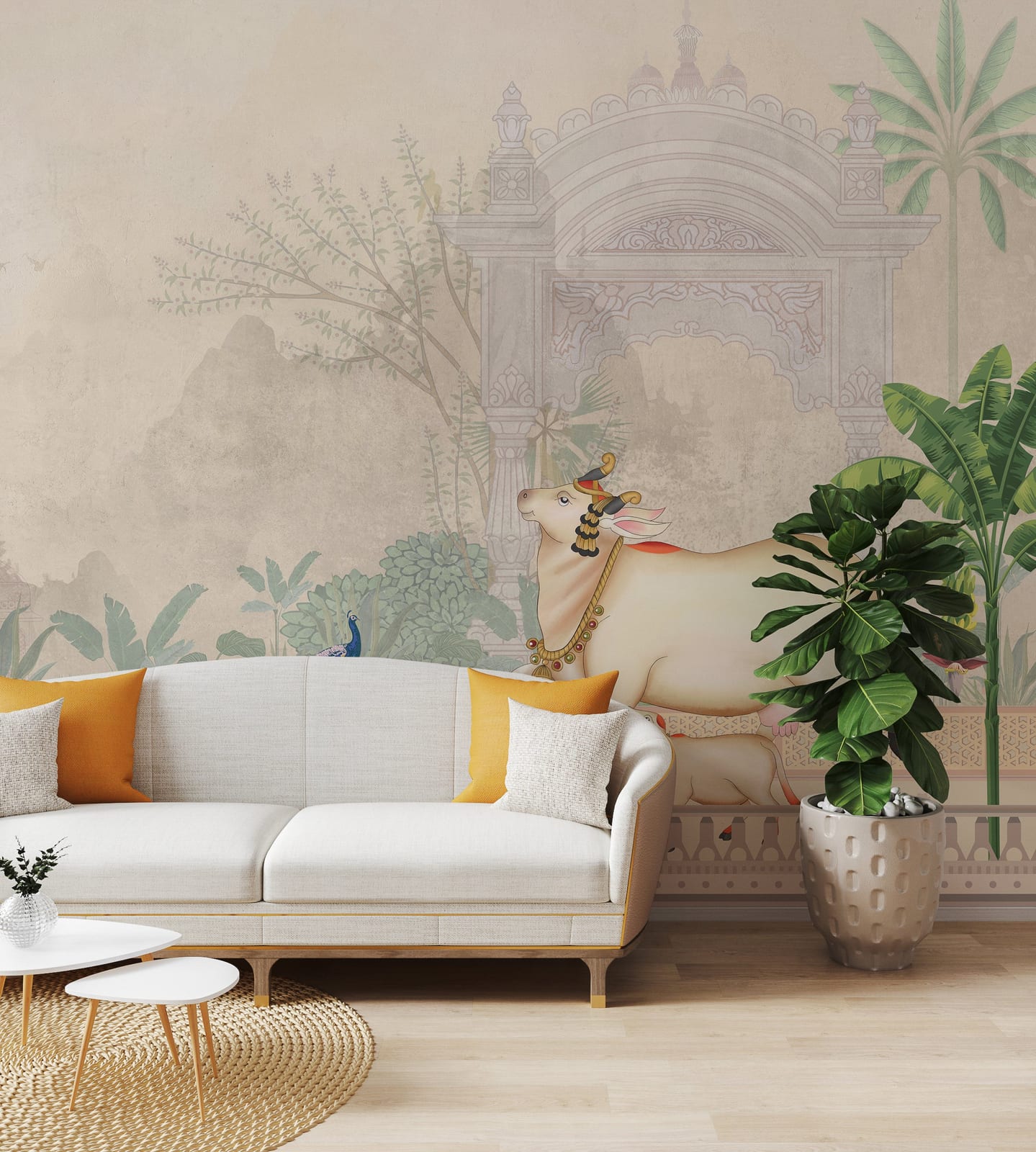 Elegant living room wall mural featuring beige Pichwai cow palace garden artwork decor