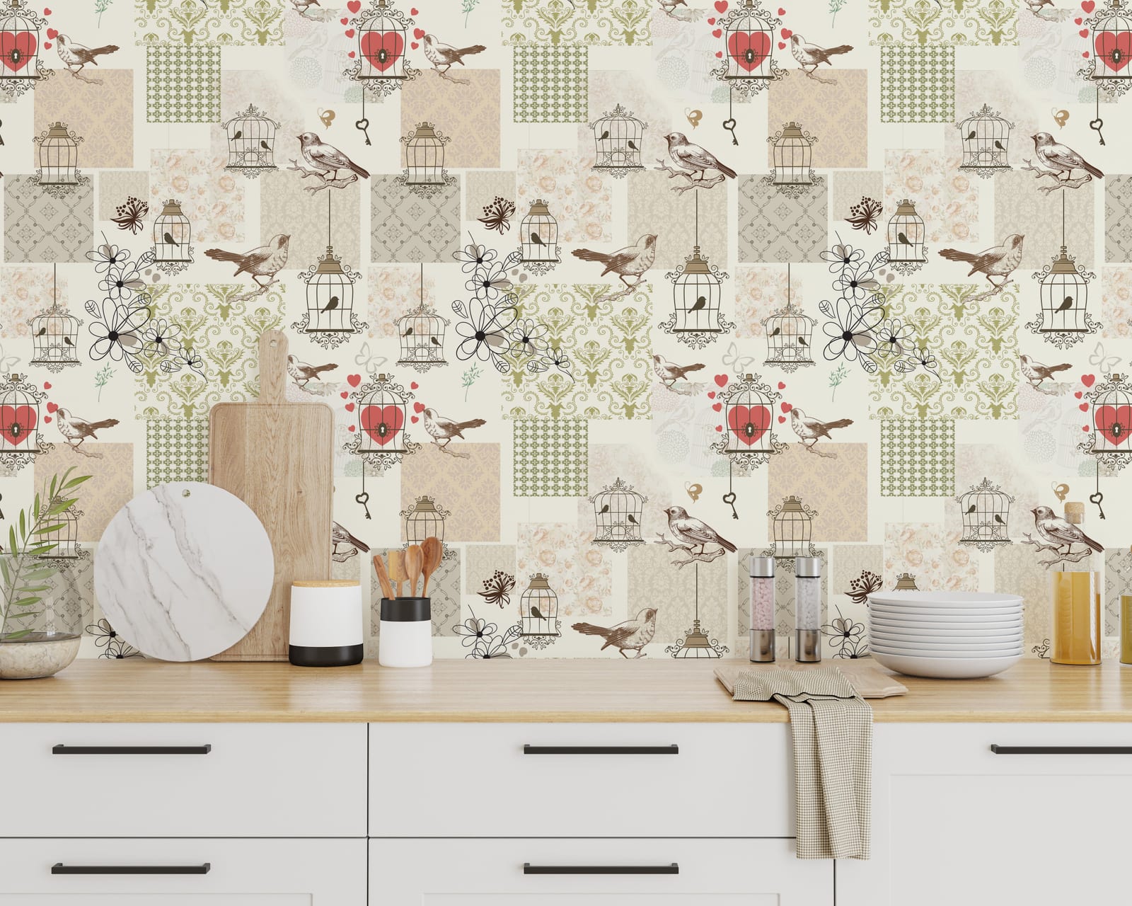 Elegant botanical patchwork wall mural featuring perched birds and vintage cages for stylish kitchen interiors