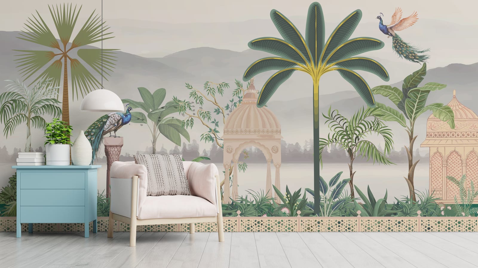 Luxury Mughal Garden | Peacock and Palm Leaves Peel and Stick Wallpaper