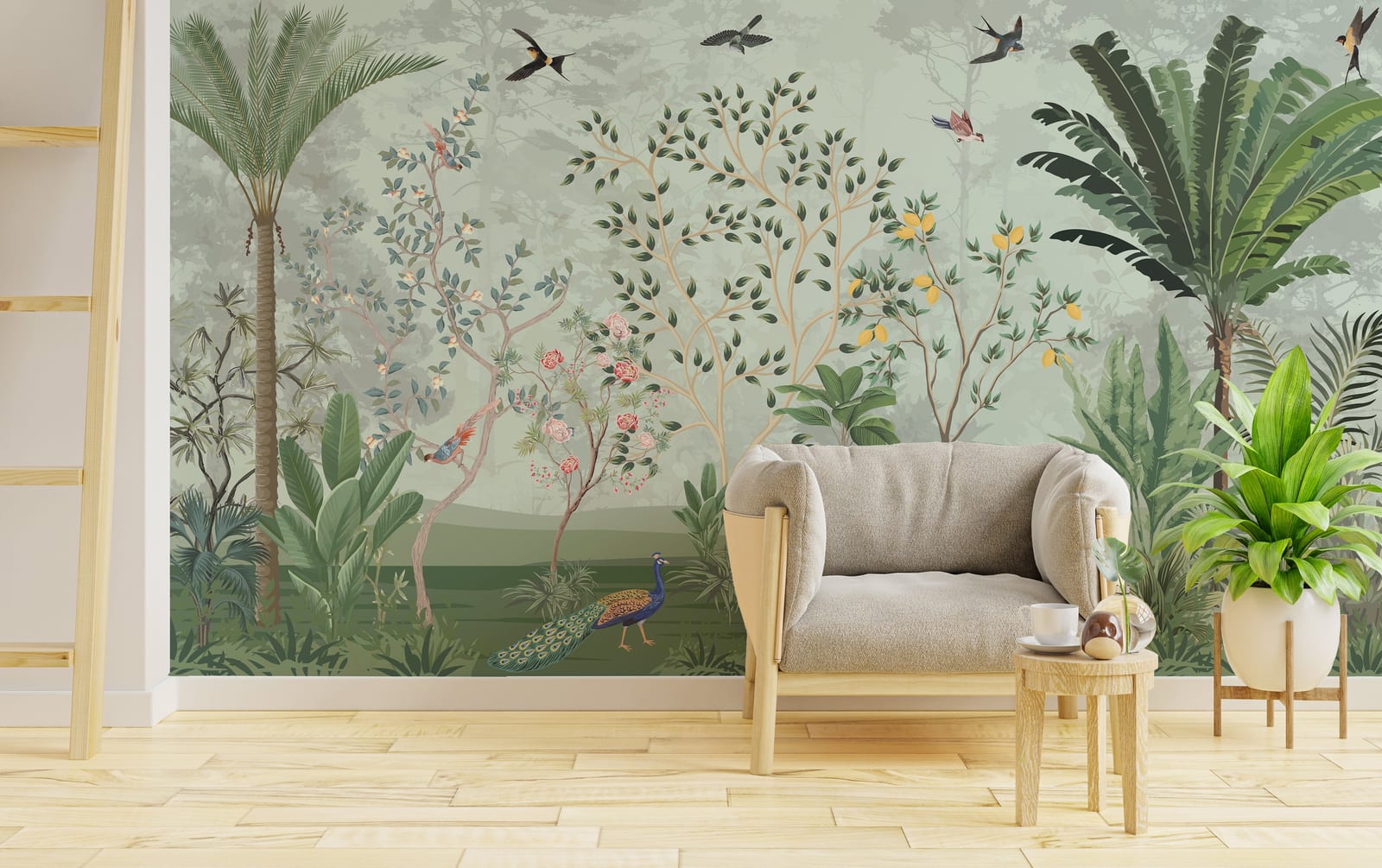 Sage green botanical wall mural featuring birds and trees for modern living room decor