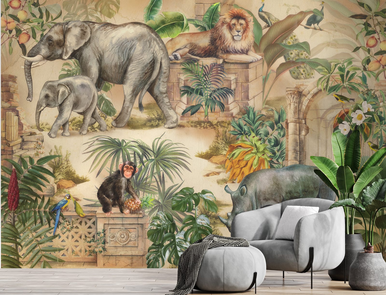 Engaging daycare room wallpaper showcasing colorful safari animals and tropical foliage, lively kids activity decor