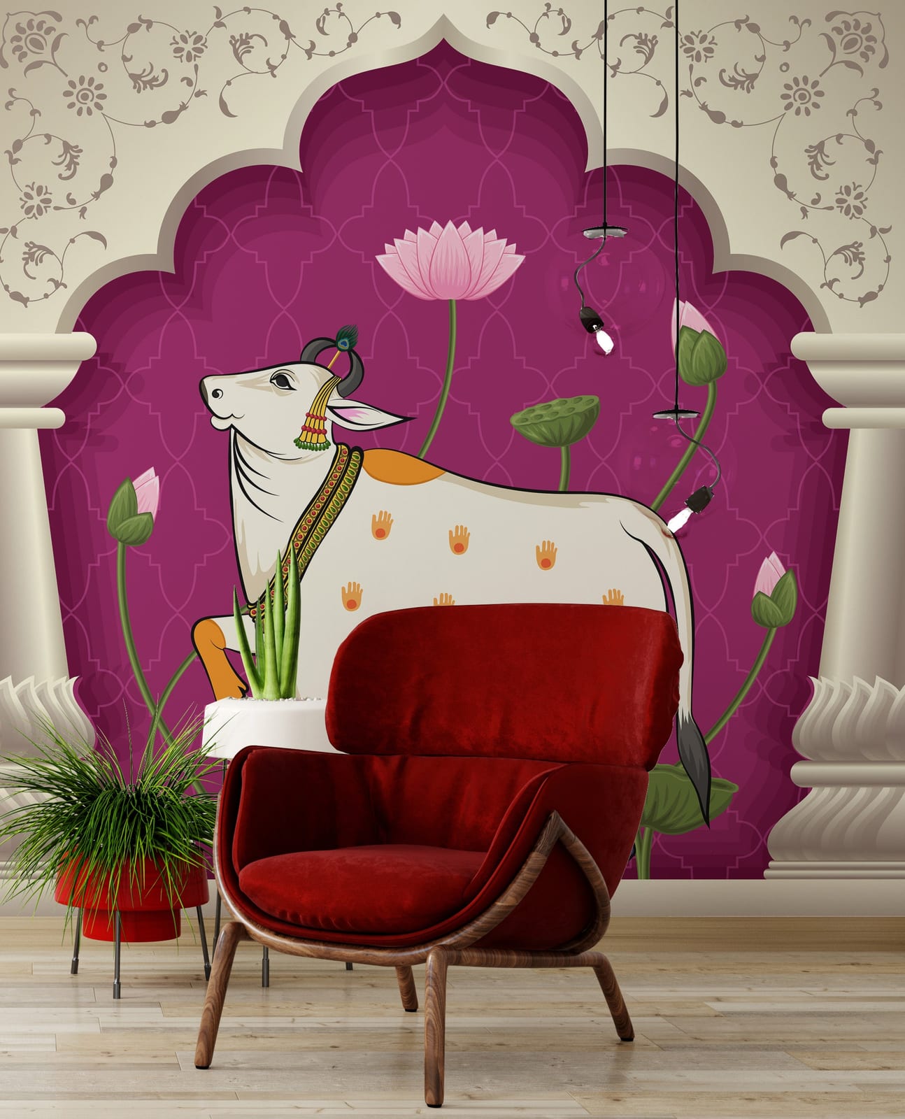 Vibrant pink lotus cow design enhancing boutique store interior wall aesthetics