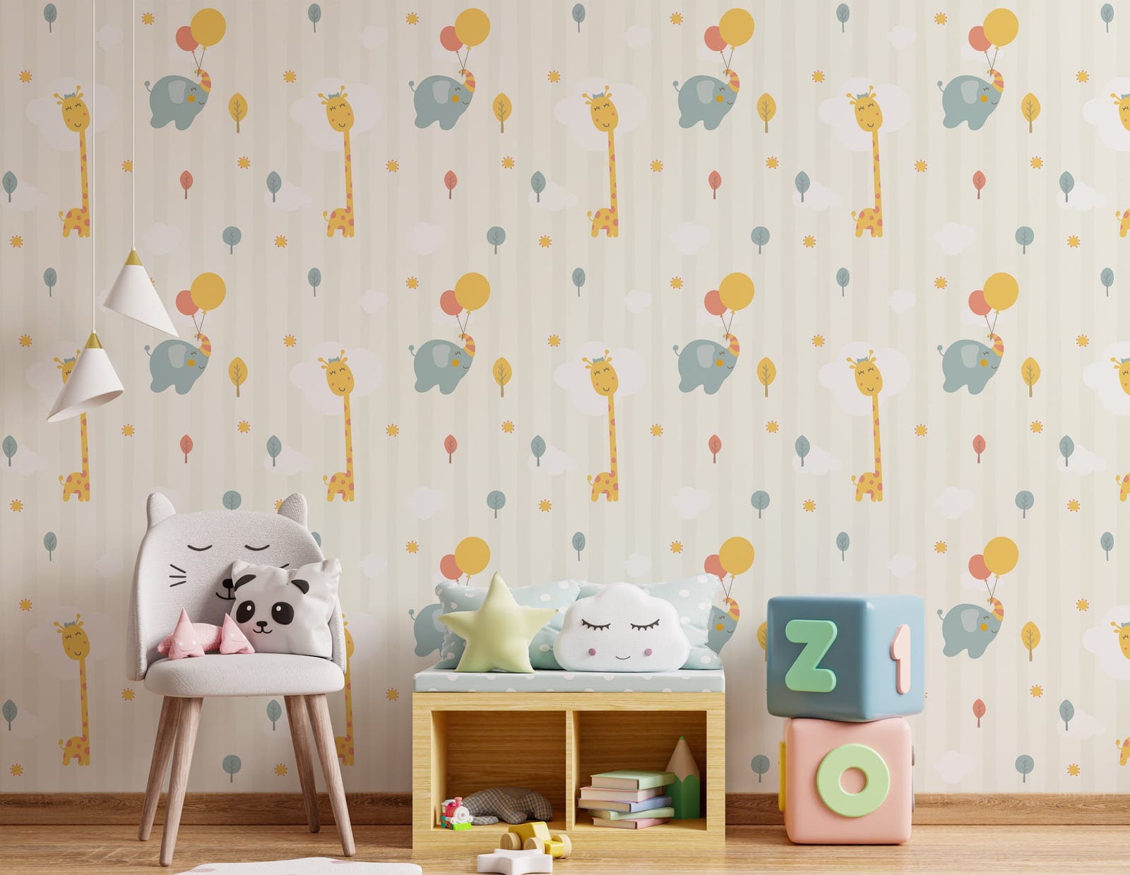Pastel safari animals wall mural enhancing baby nursery with soft Scandinavian playful charm