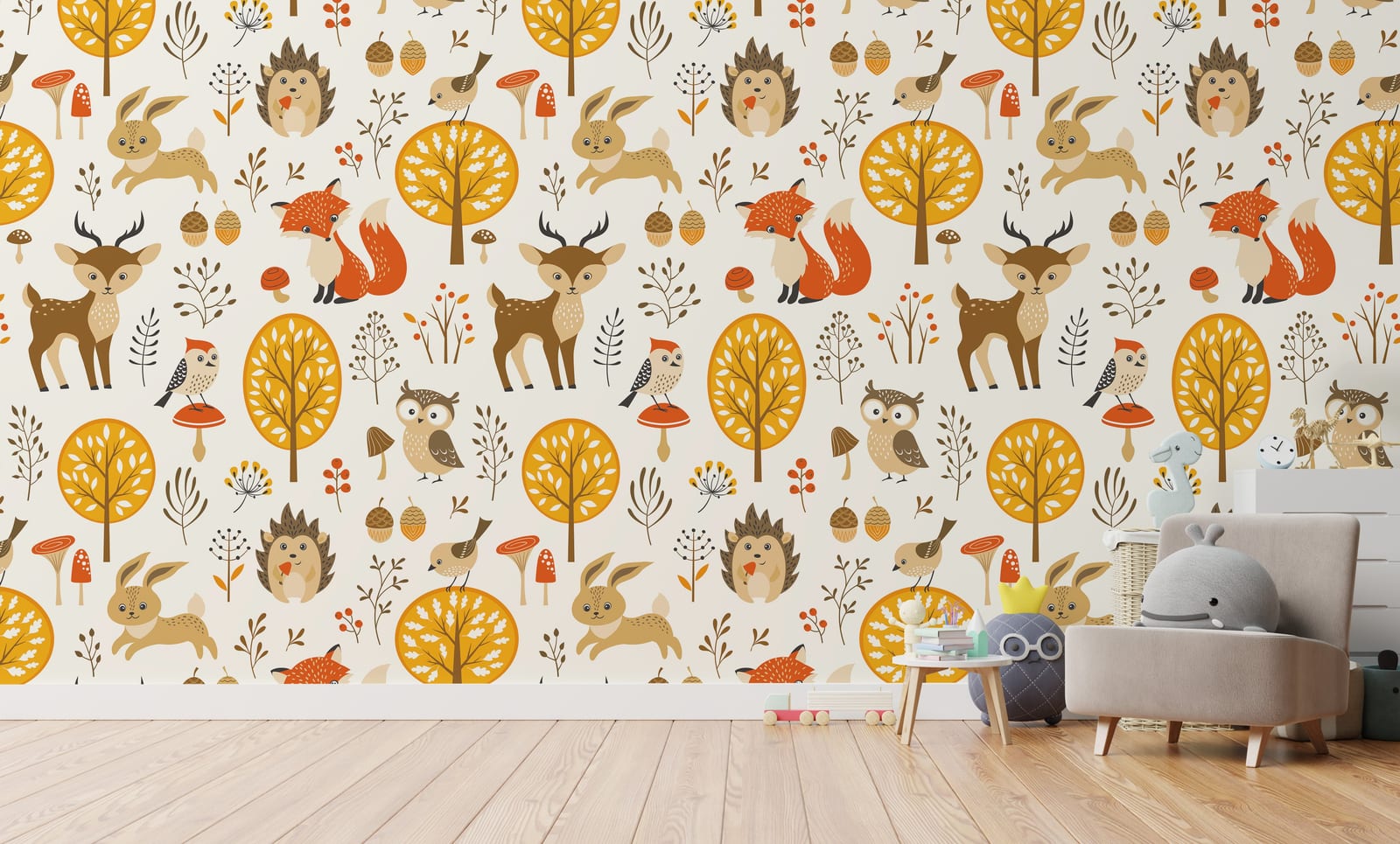 Nursery animal wallpaper with forest creatures trees acorns earthy tones baby room