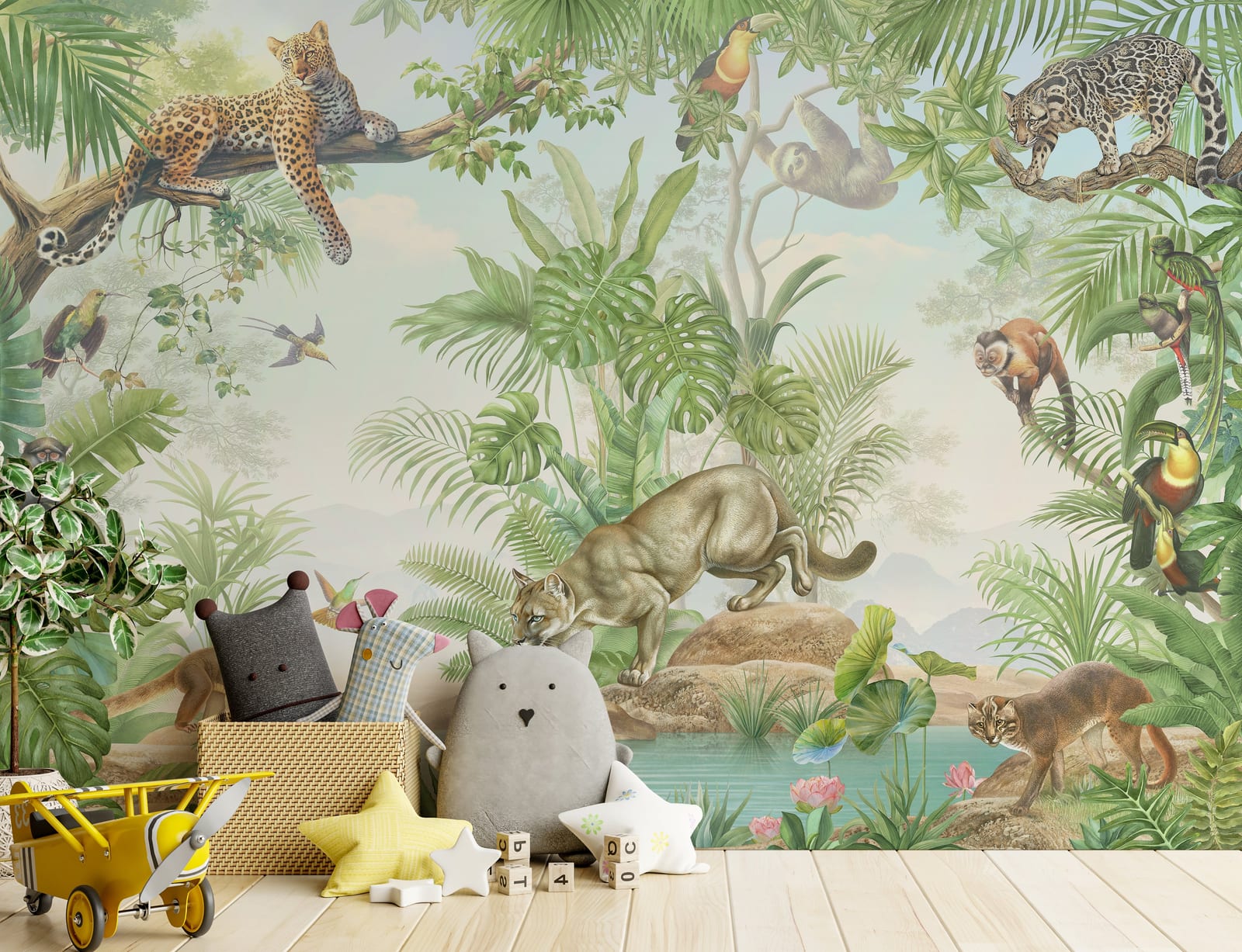 Vibrant kids room wall decor featuring jungle safari animals with tropical leaves in green tones, ideal for playful nursery spaces