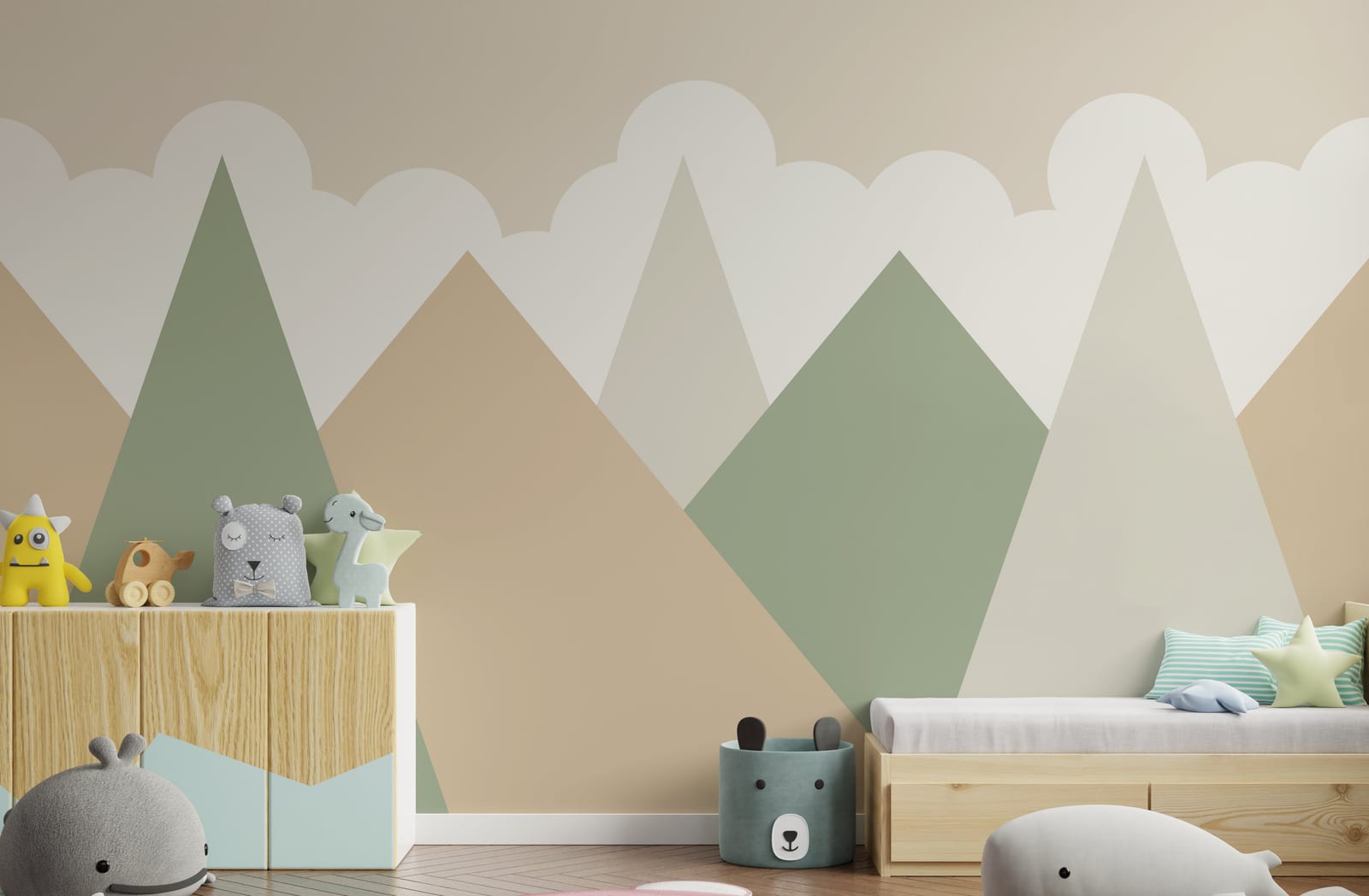 Stylish toddler room interior displaying pastel alpine pattern backdrop creating cheerful playful environment.