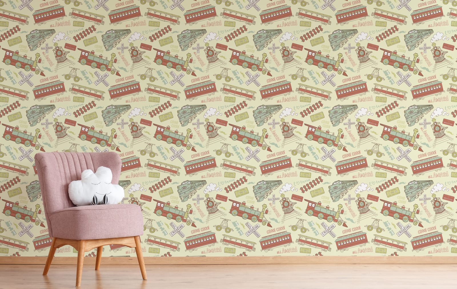 Elegant nursery accent wall wallpaper featuring retro railway cartoon pattern design, ideal for modern baby room interior decor