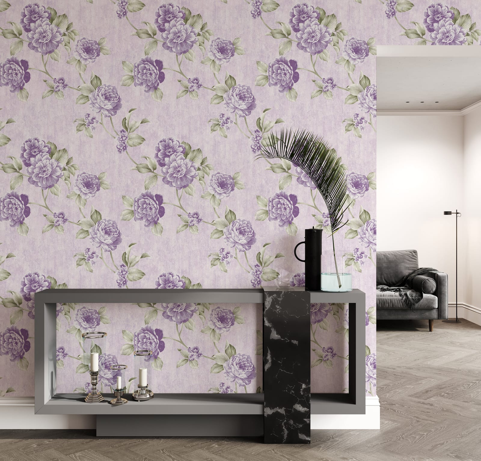 Stylish living room accent wall featuring elegant lavender floral wallpaper with soft purple botanical pattern creating a calm and modern interior vibe