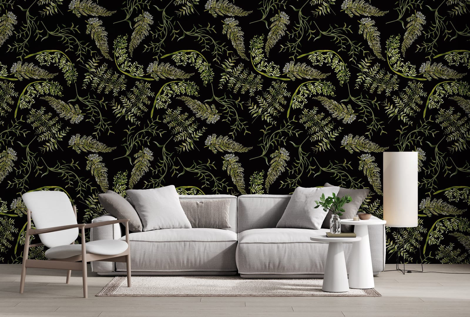 Dark botanical fern wallpaper with green leaves for modern living room accent wall