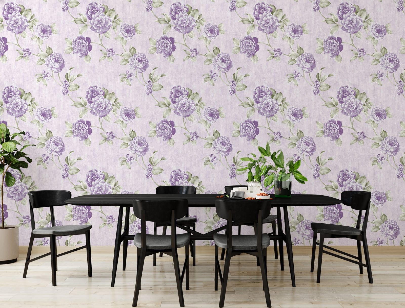 Elegant dining area accent wall with vintage lavender floral wallpaper in muted purple hues adding charm and sophistication to mealtime spaces