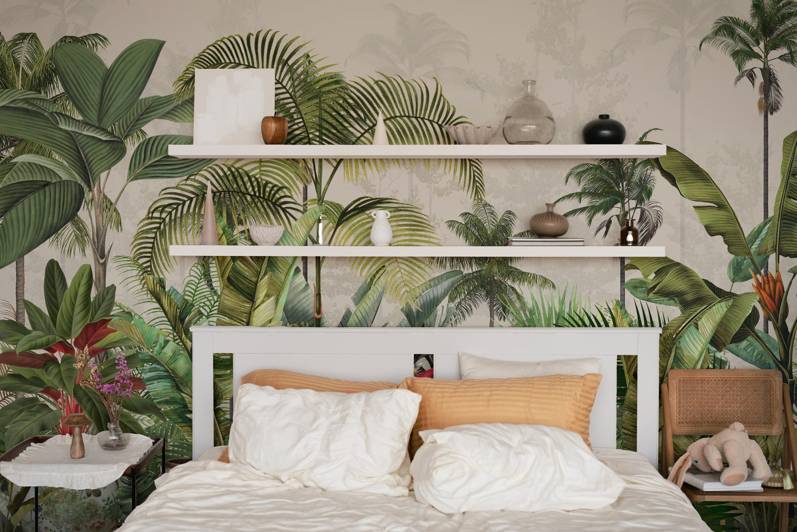 Calming jungle botanical wallpaper with soft green foliage for stylish bedroom wall