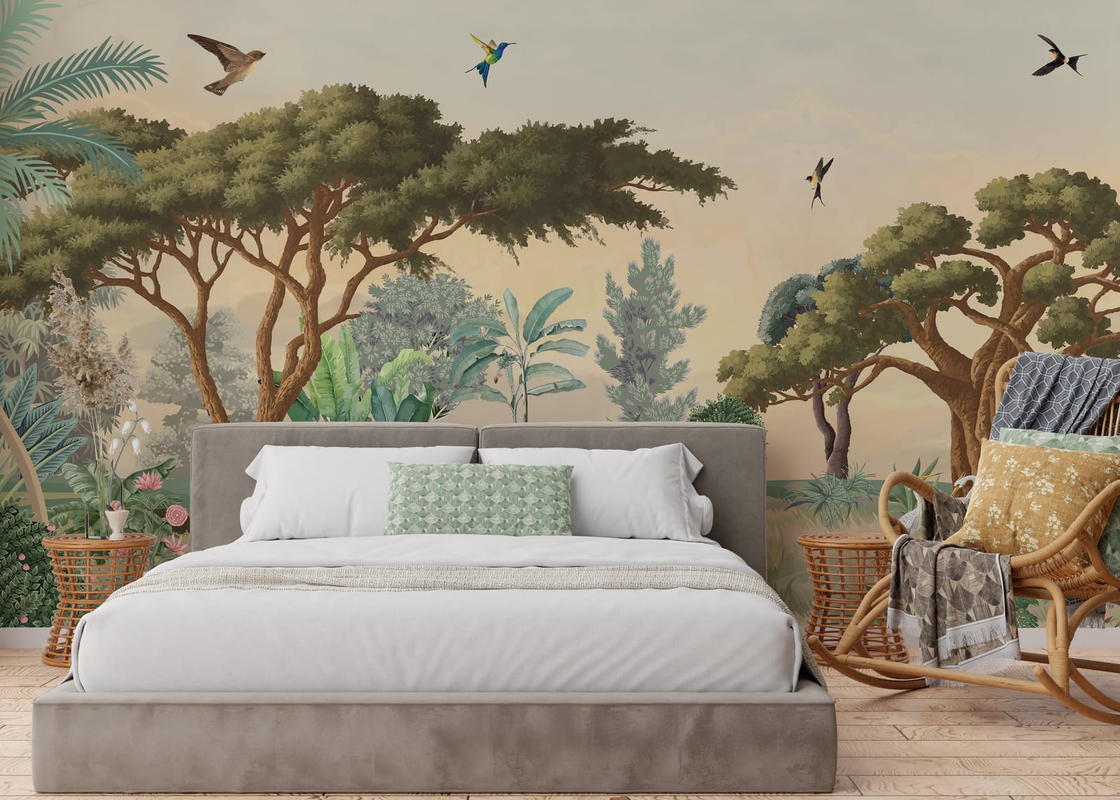 Luxury Exotic Botanical Forest interior backdrop in muted earth palette for stylish bedroom design