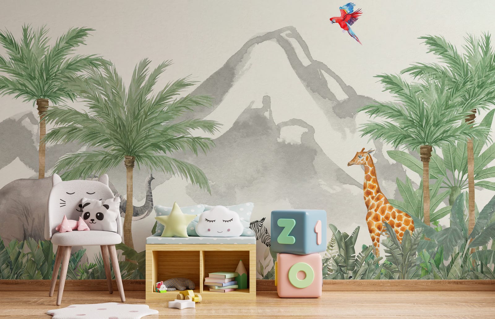 Adventure jungle wallpaper showcasing bright parrot, friendly safari creatures, and leafy mountain backdrop.