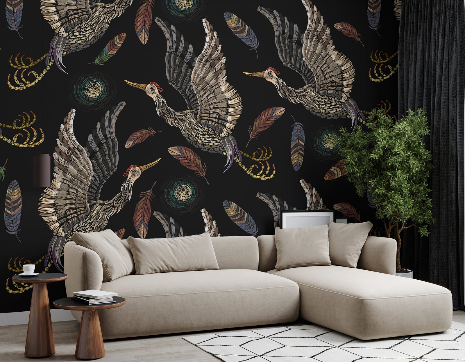 Luxury crane bird wallpaper with dark background, feathers, modern living room accent wall decor