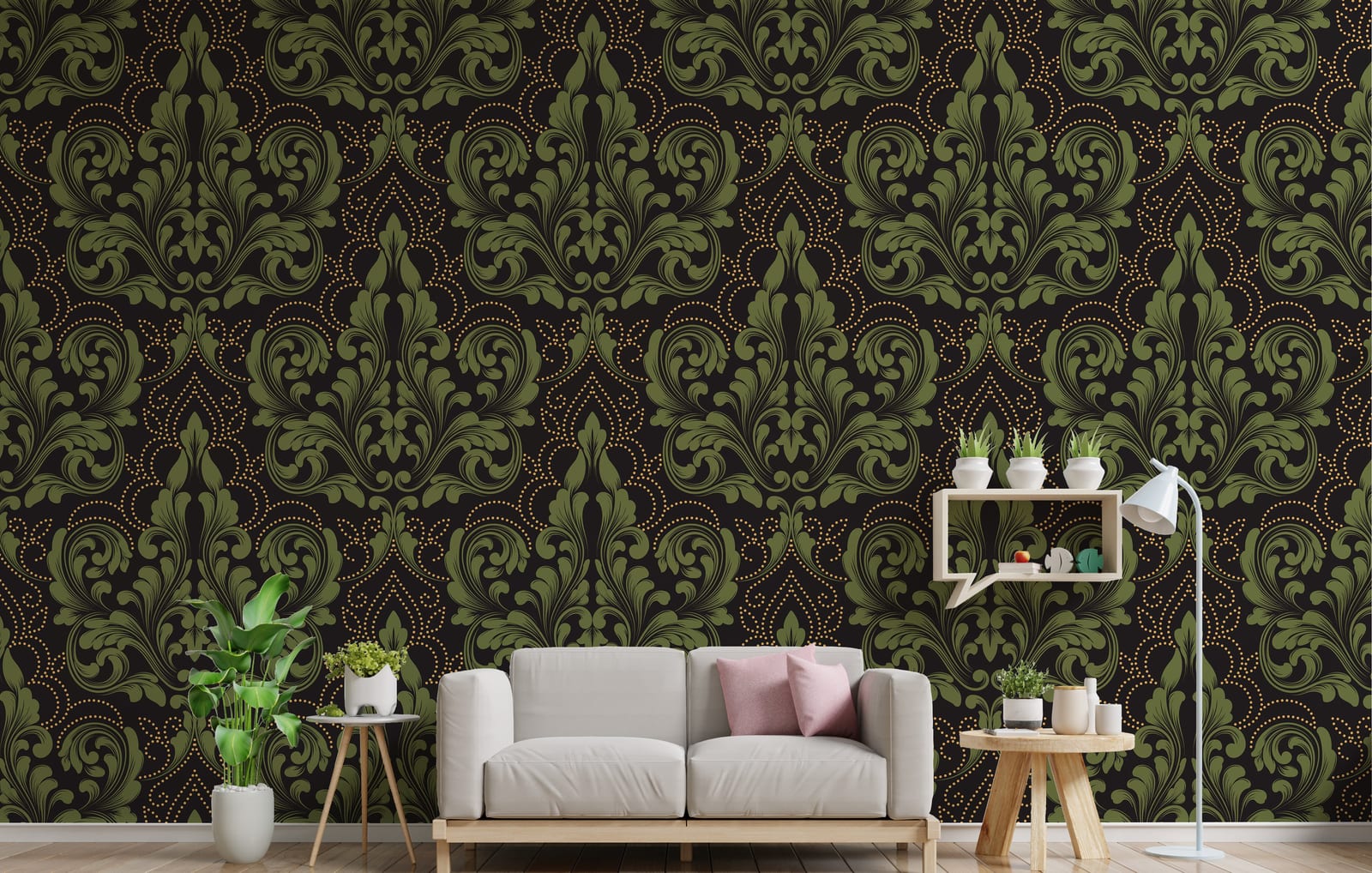 Luxury lounge wallpaper in dark green floral damask pattern for upscale interior styling