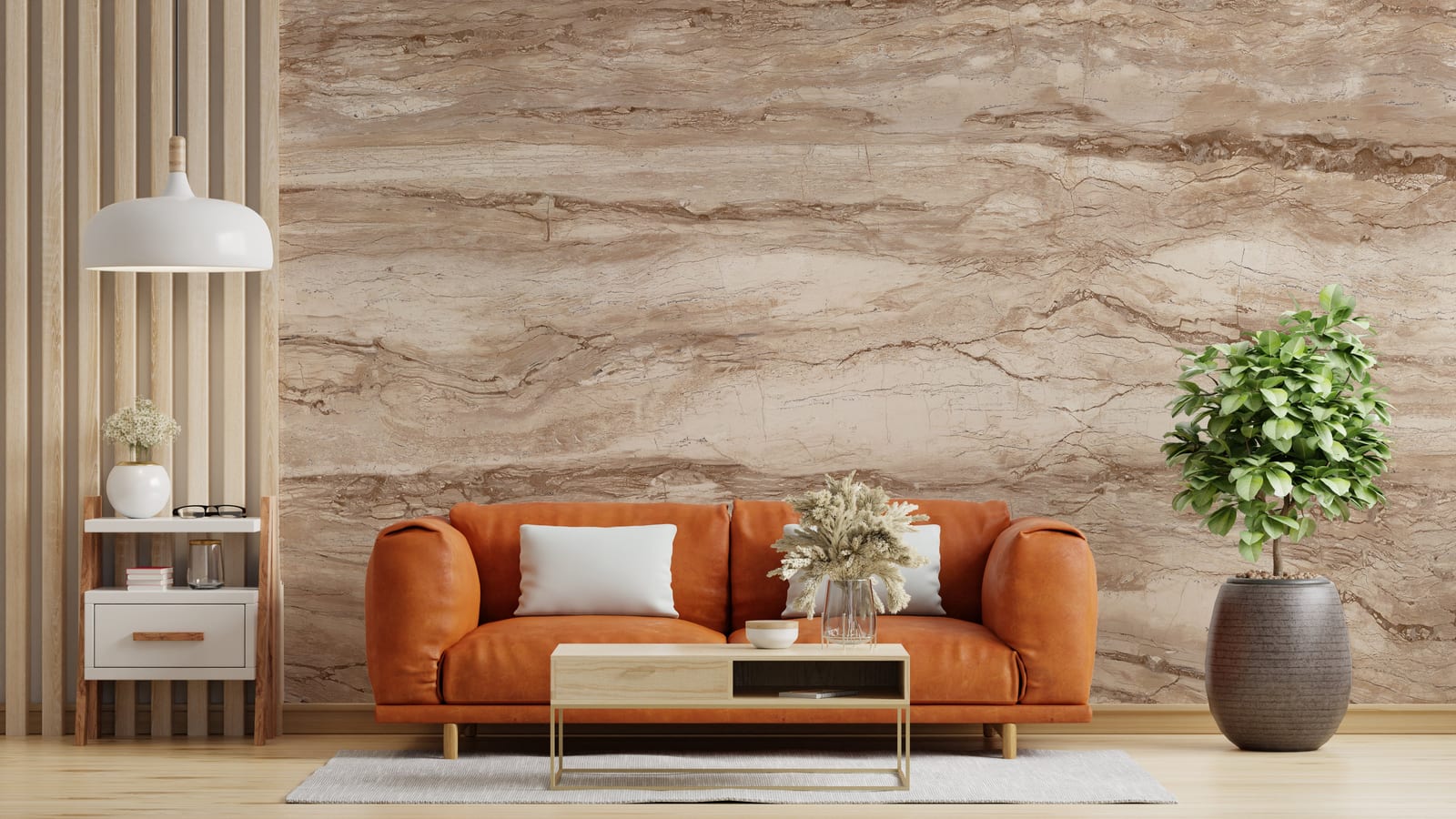 Beige brown marble texture peel and stick wall mural for elegant living room decor