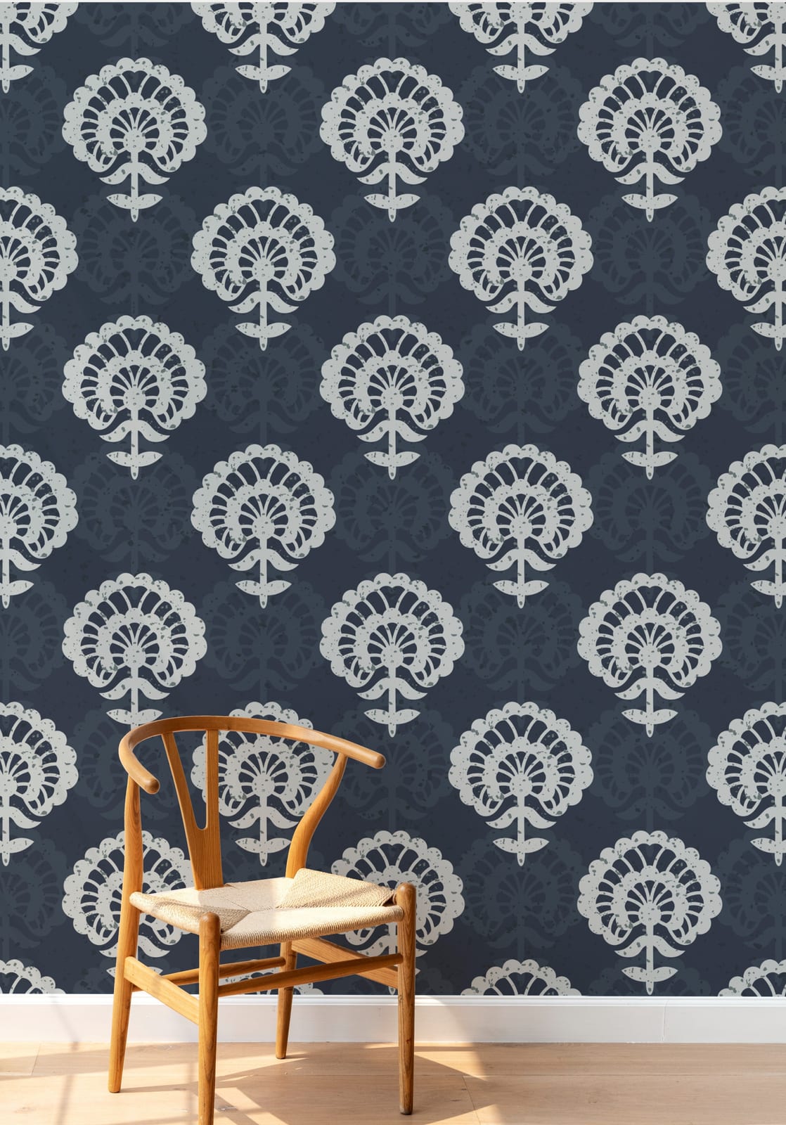 Designer navy damask wallpaper adds bold artistic texture to contemporary home office walls
