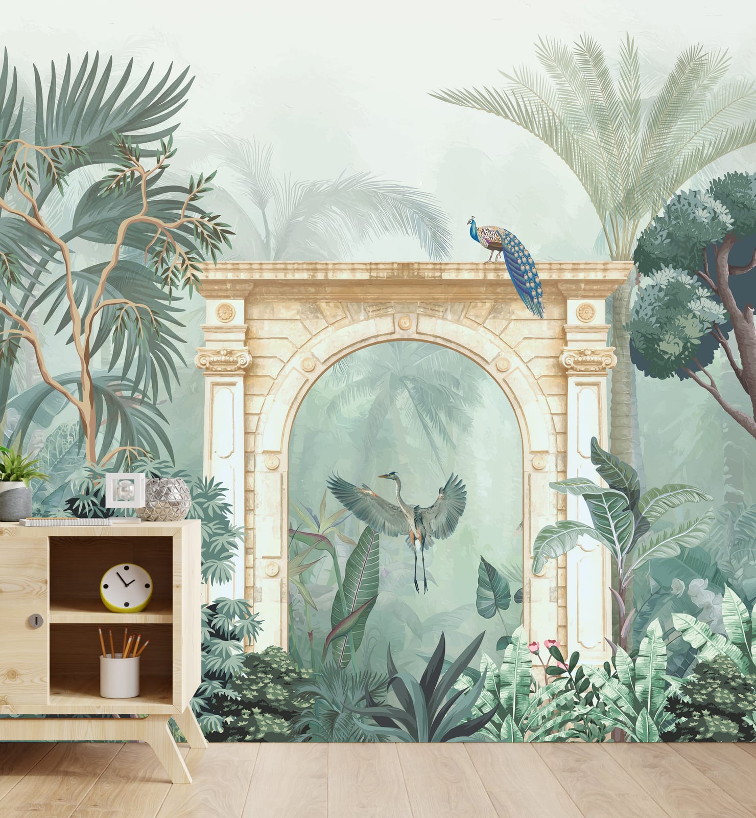 Peacock tropical foliage scene mural for relaxing bedroom atmosphere