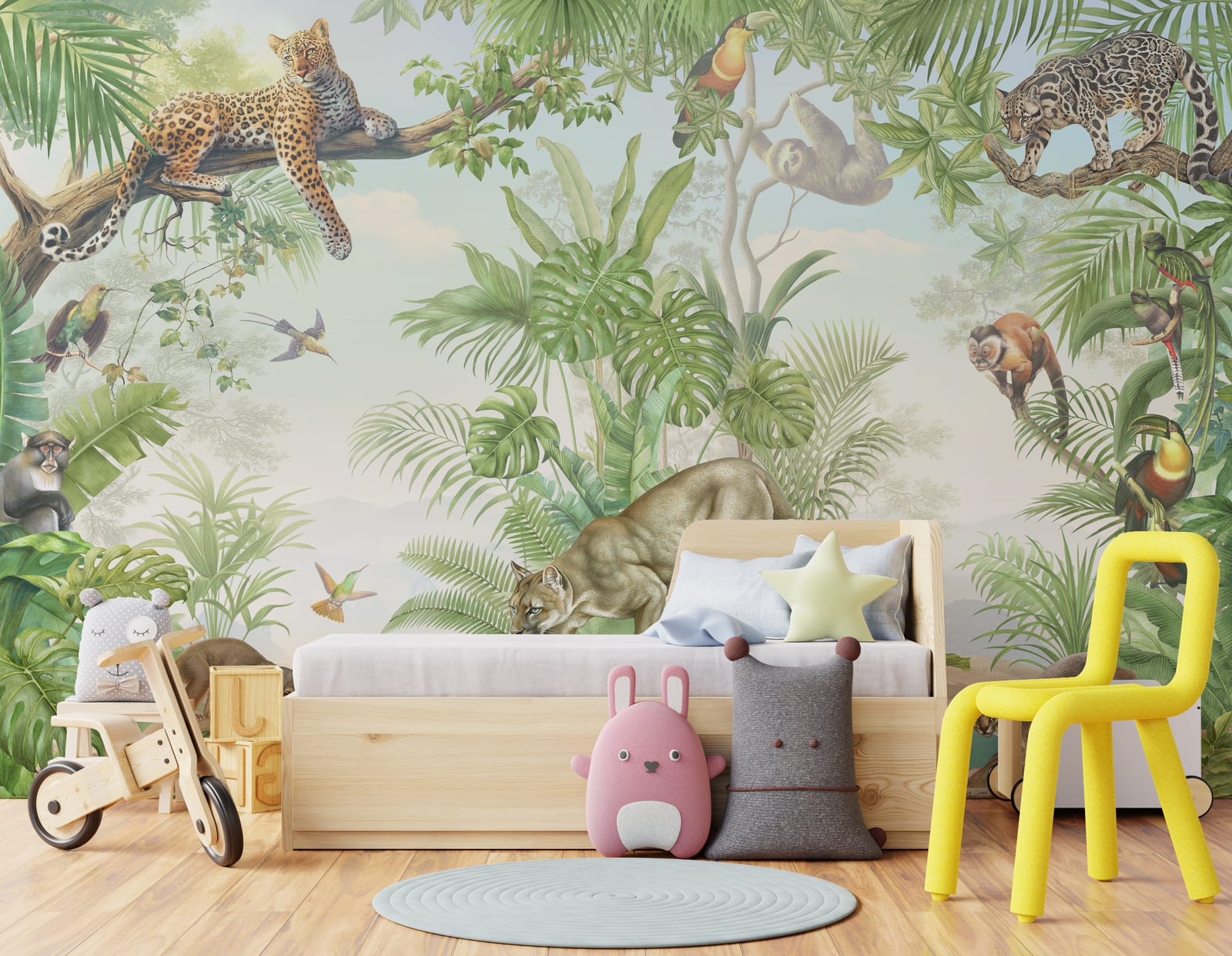Playful nursery wall decor featuring jungle safari animals with leopard sloth birds in soft earthy colors, ideal for baby room theme