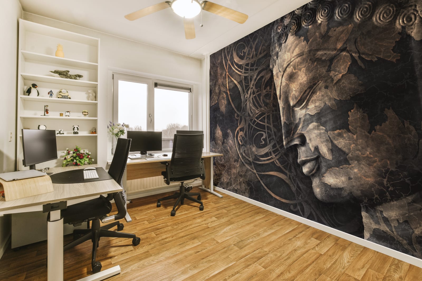 Luxury zen Buddha wall mural in black gold tones for elegant study room