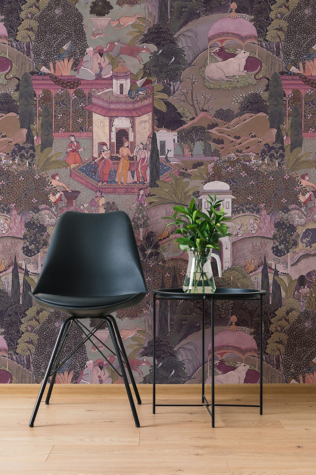 Artistic studio wall wallpaper with intricate vintage landscape mural, warm earthy tones inspiring creative interiors