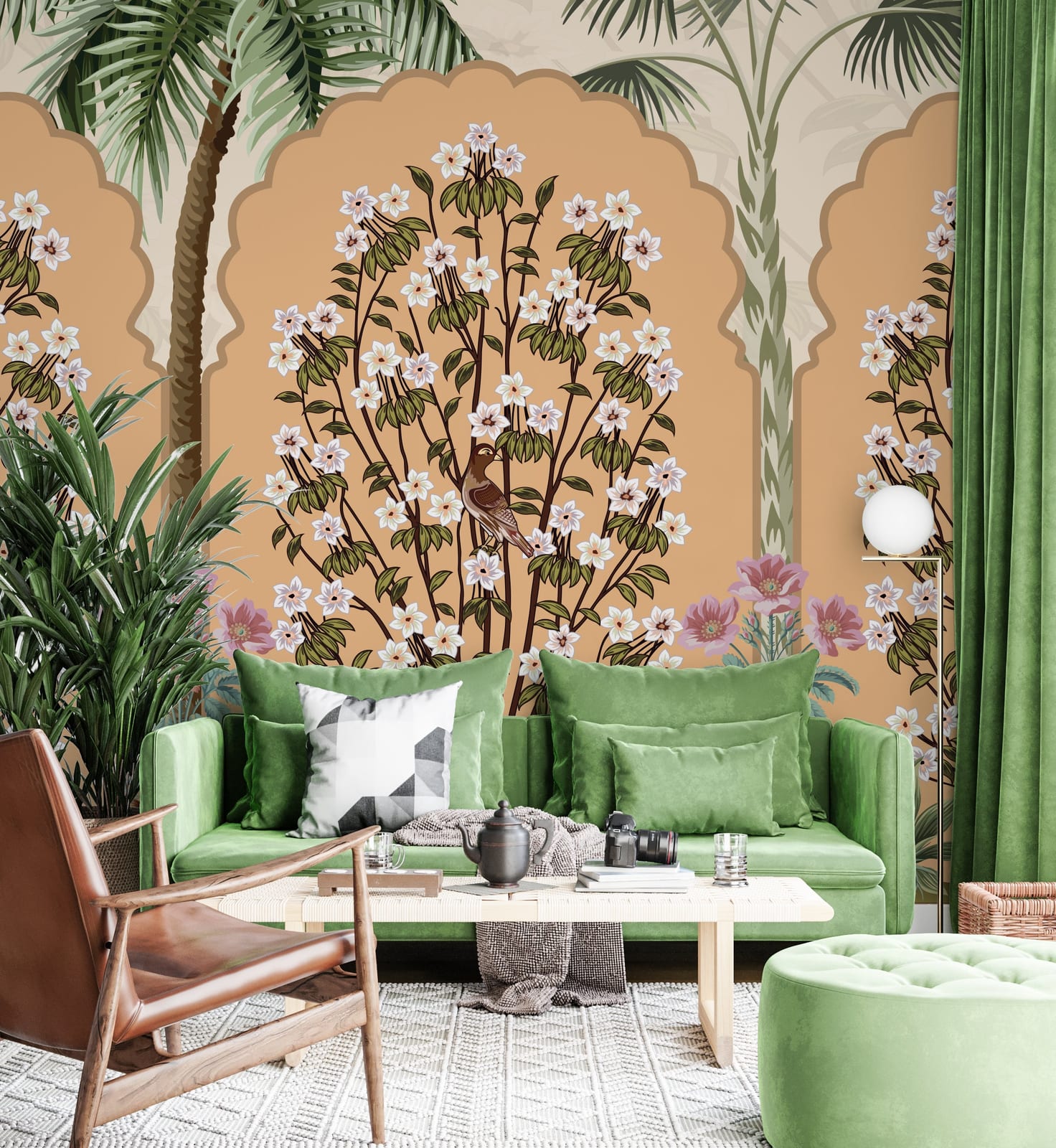 Tropical floral arch design in beige tones for modern living room accent wall