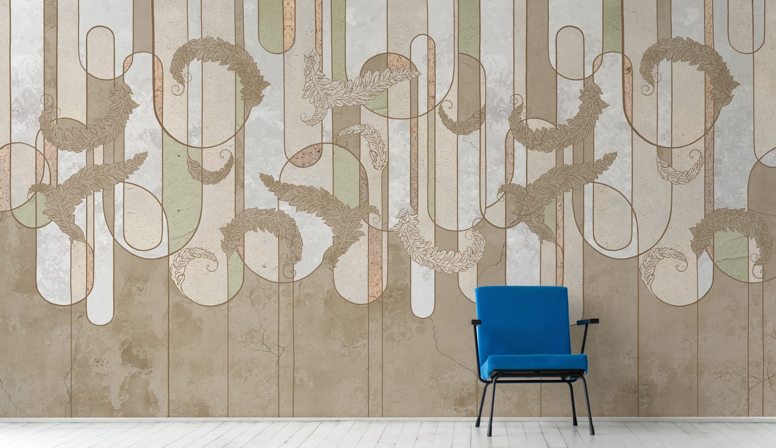 Abstract beige peel and stick wallpaper creating inviting atmosphere in lounge seating area
