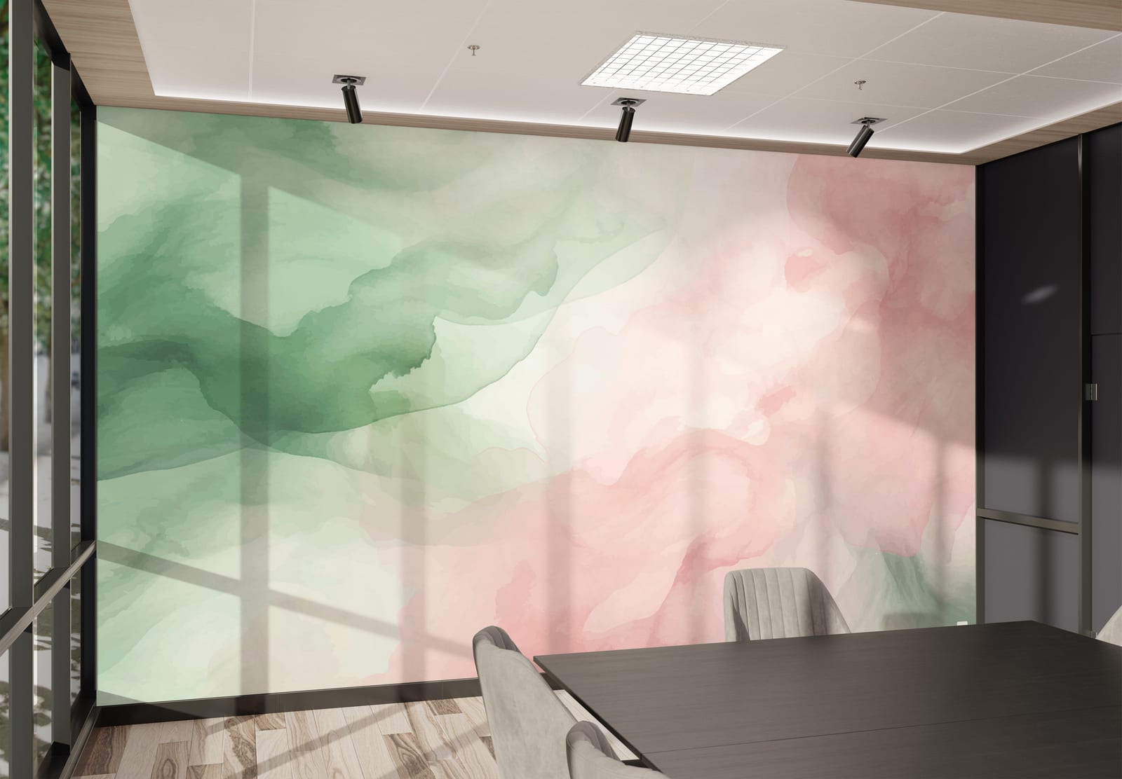 Stylish office interior featuring pastel gradient finish with fluid pink green texture design
