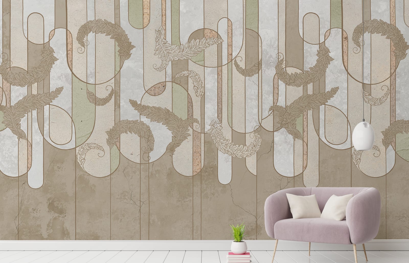 Abstract line art wallpaper with beige neutral texture enhancing modern living room walls