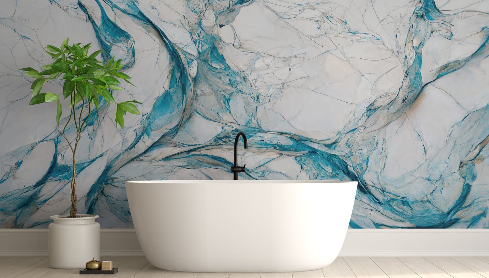 Modern blue stone pattern wallpaper for sophisticated bathroom feature wall