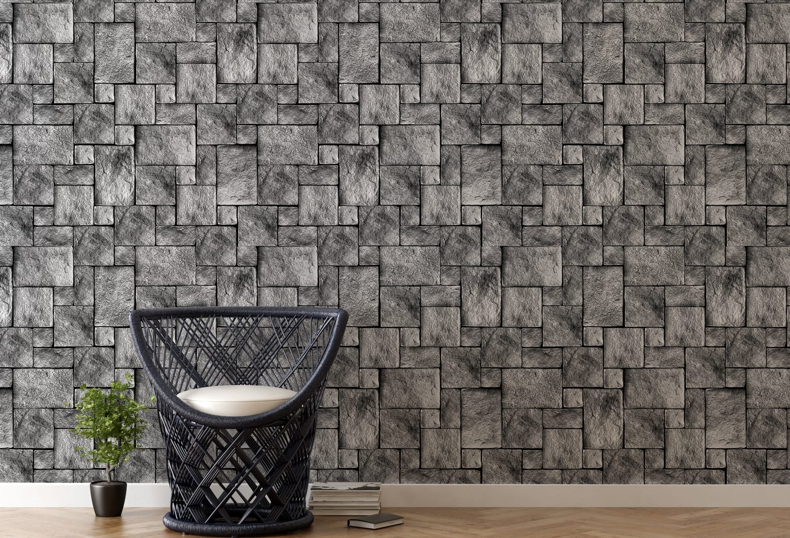 Contemporary grey masonry wallpaper mural featuring textured stone blocks for industrial interior living room wall design