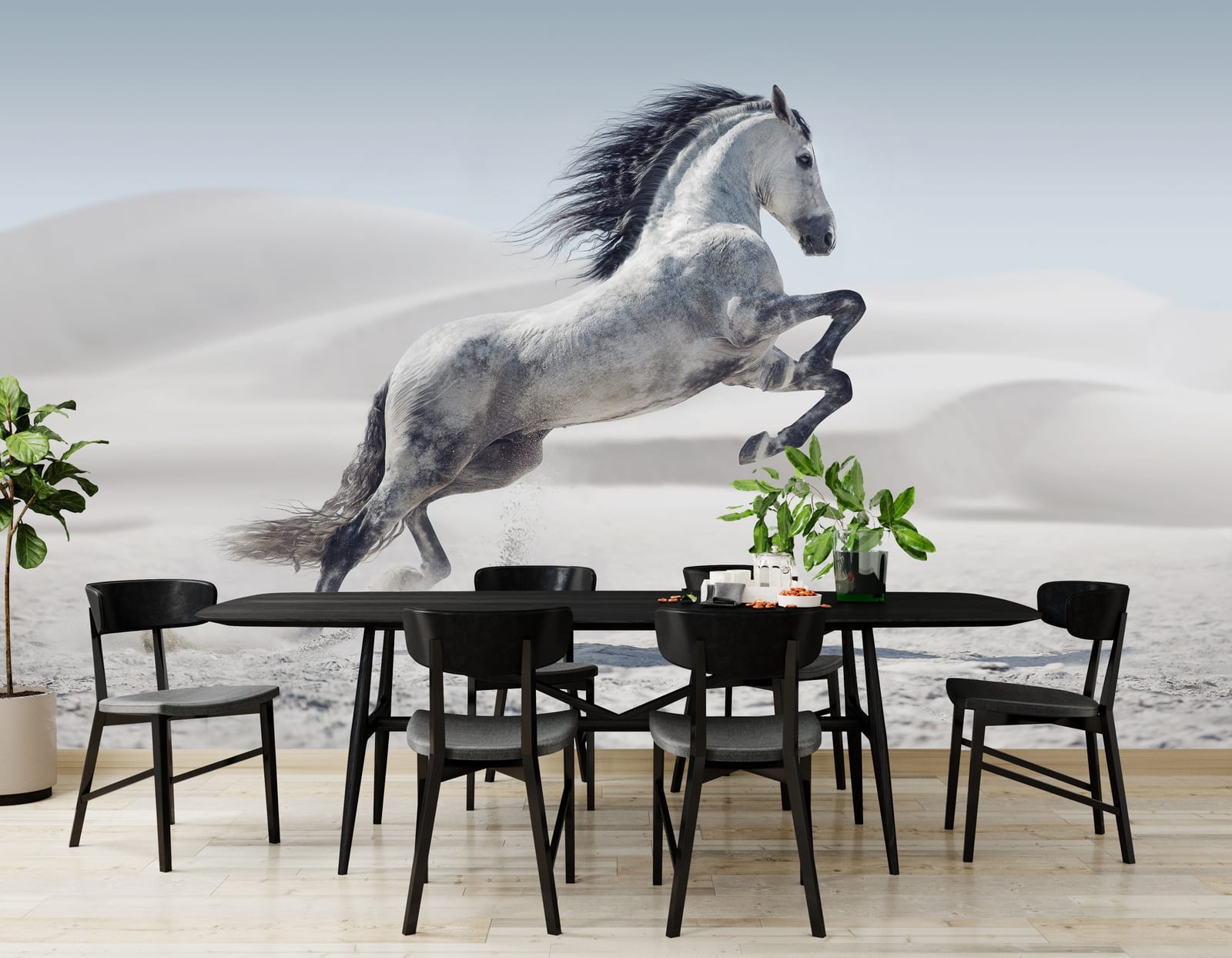 Wild equine landscape wallpaper mural installed on dining area statement wall creating sophisticated home styling with minimalist elegance