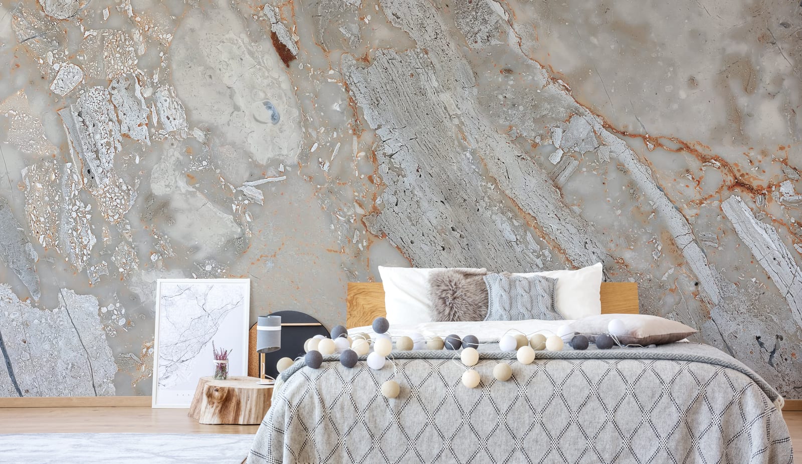 Rustic rock pattern wall covering displaying organic mineral design for modern bedroom accent
