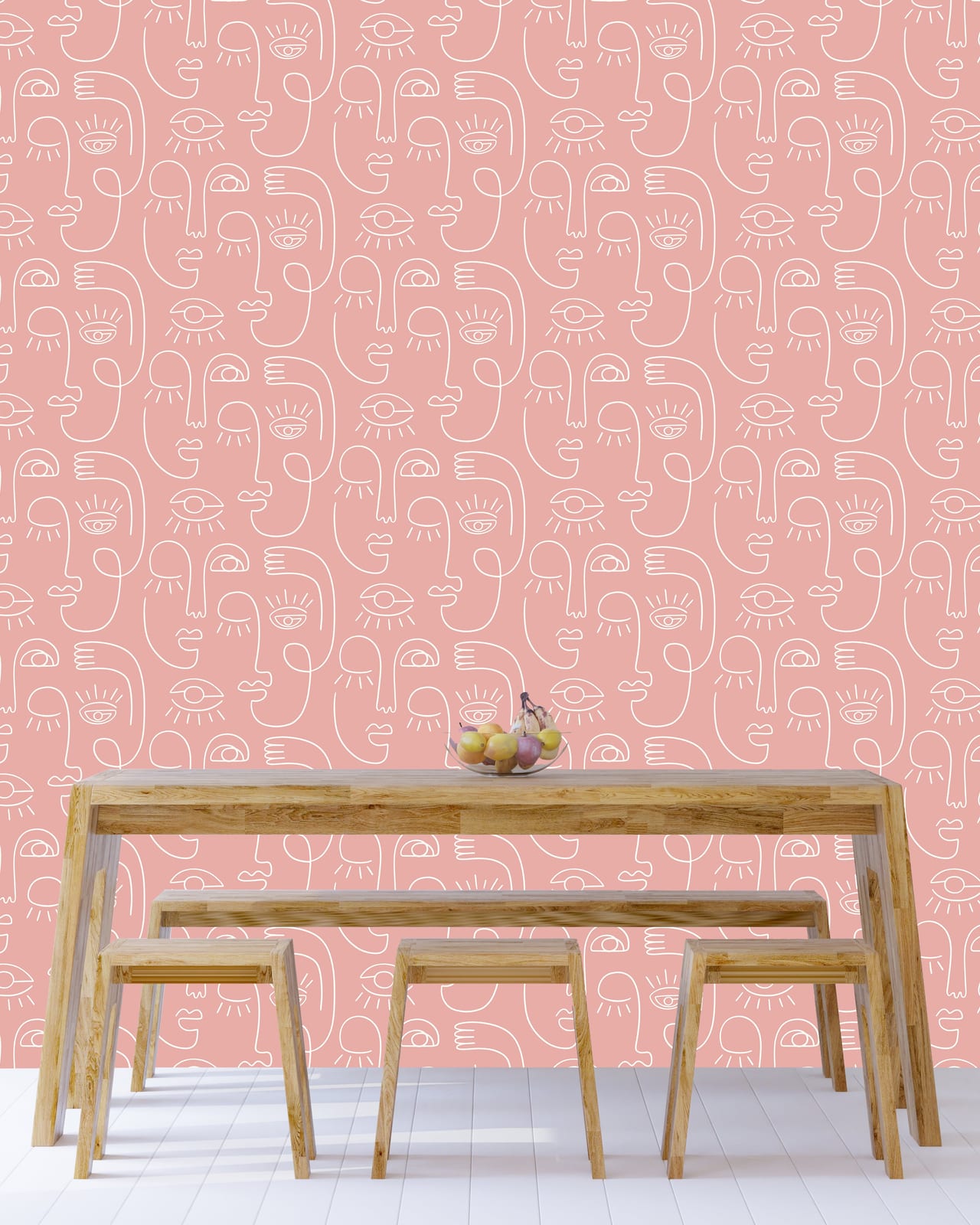 Luxury dining area styled with sophisticated continuous line art wall covering creating visual interest and modern decorative appeal.