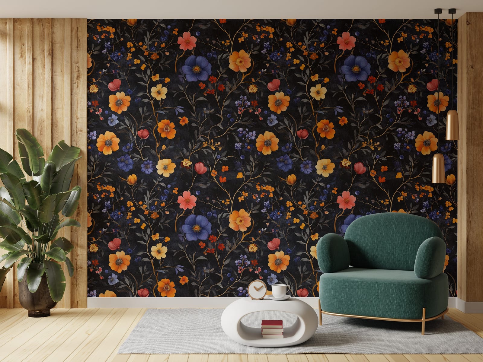 Artistic botanical pattern with orange and blue tones, ideal for welcoming hallway decor