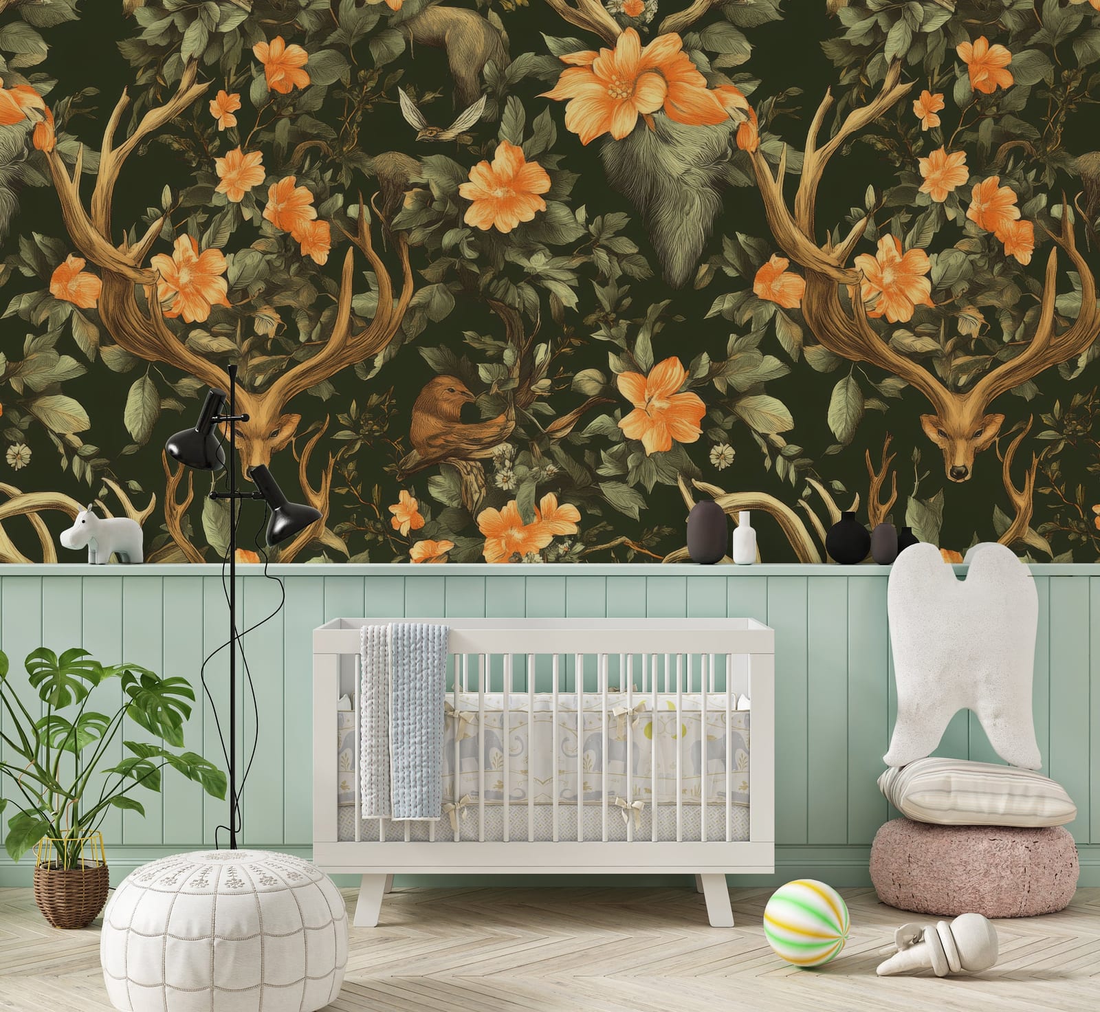 Whimsical forest wallpaper with fox, deer, orange blooms for toddler room accent wall